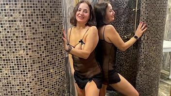 Play MILF washes pussy in the shower and pisses, after her cuckold licks her and fucks her